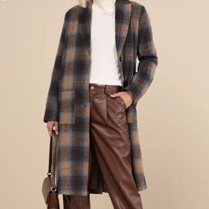 Lulus Posh Weather Brown and Blue Plaid Collared Peacoat size M